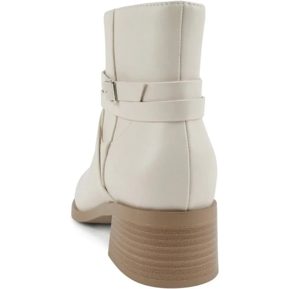 Women's White PU Leather Round Toe Low Block Heel Ankle Boot with Side Zipper - Picture 3 of 6